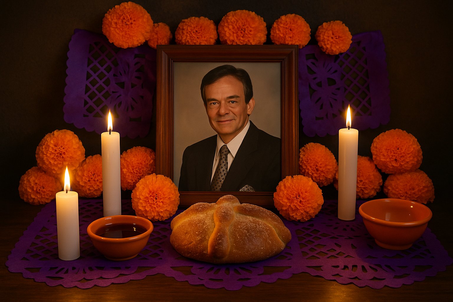 Altar de Día de Muertos decorado con flores de cempasúchil, velas y pan de muerto, con un retrato de José José al centro.