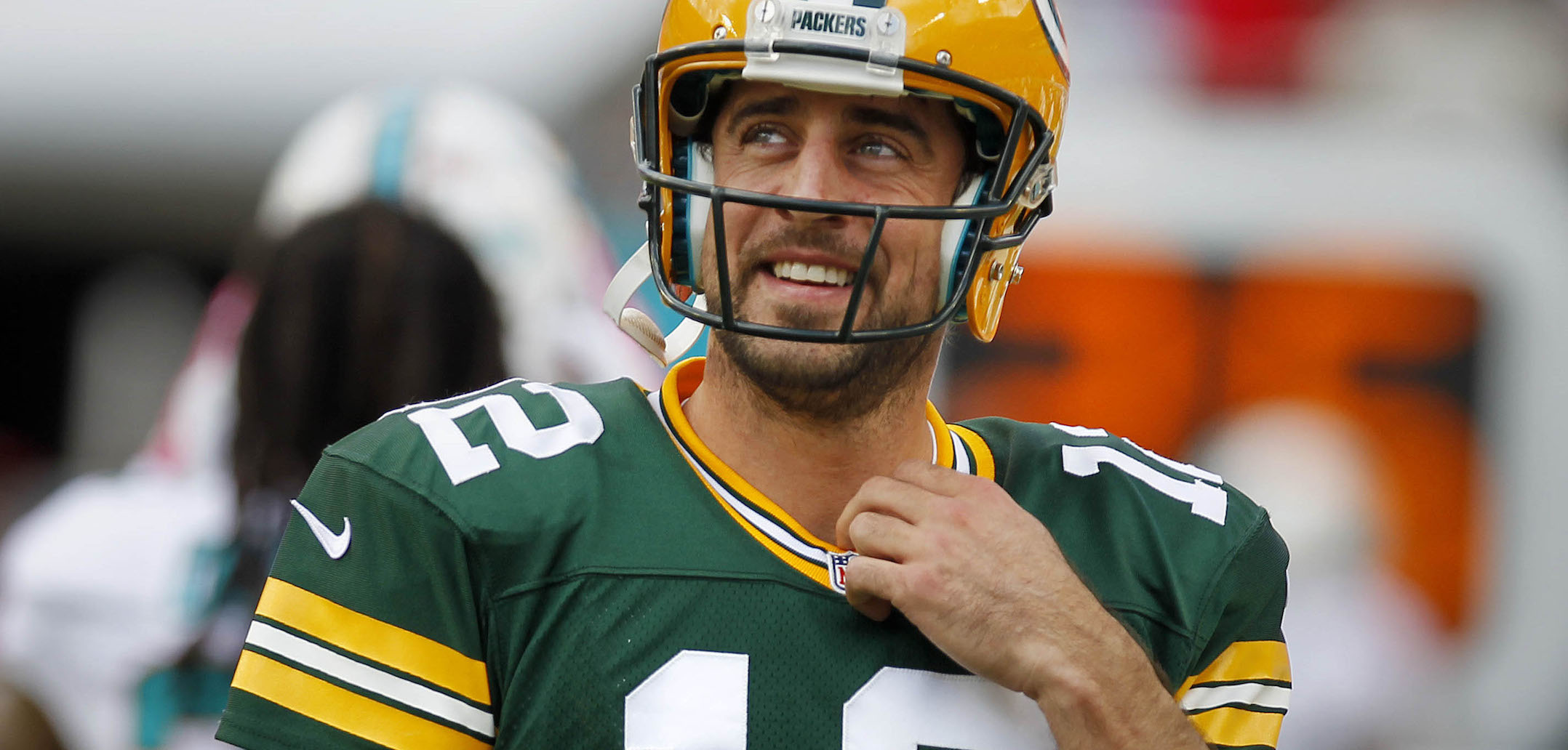 Green Bay Packers quarterback Aaron Rodgers (12) warms up before the Green Bay Packers-Miami Dolphins NFL football game at Sun Life Stadium in Miami Gardens, Florida on Sunday, October 12, 2014. Milwaukee Journal Sentinel photo by Rick Wood/RWOOD@JOURNALSENTINEL
